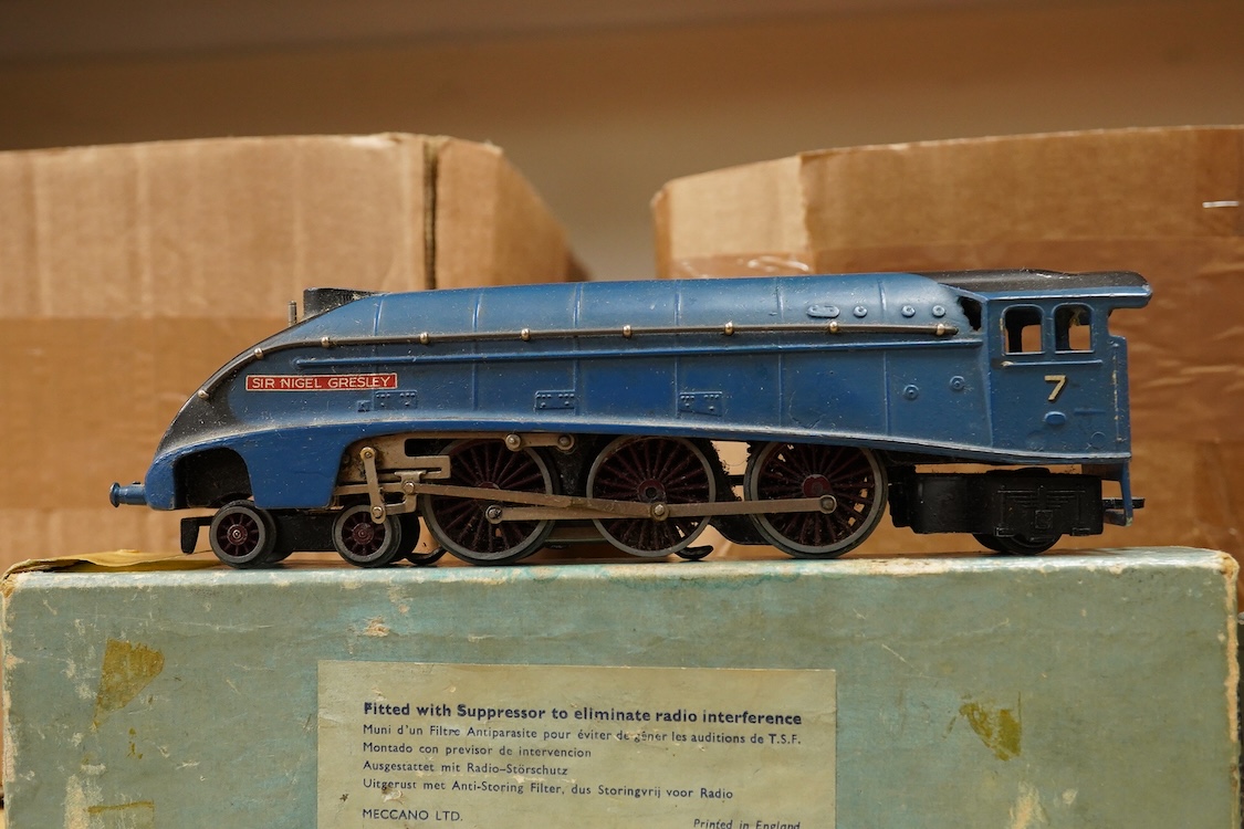 A collection of Hornby Dublo railway for 3-rail running, including three boxed locomotives; an LNER class A4 4-6-2 tender locomotive, Sir Nigel Gresley 7 (EDL1), a BR Duchess of Montrose 46232 (EDL12), and a BR class N2
